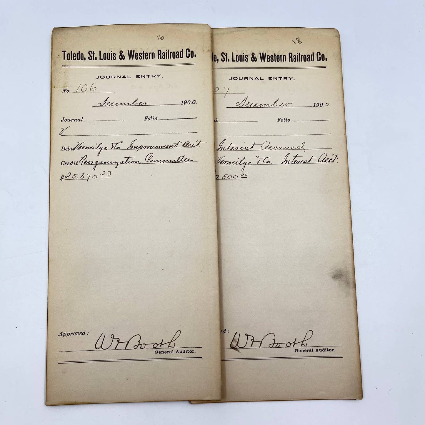 1900 Toledo, St. Louis & Western Railroad Company Journal Entry Lot of 2 AB2-3