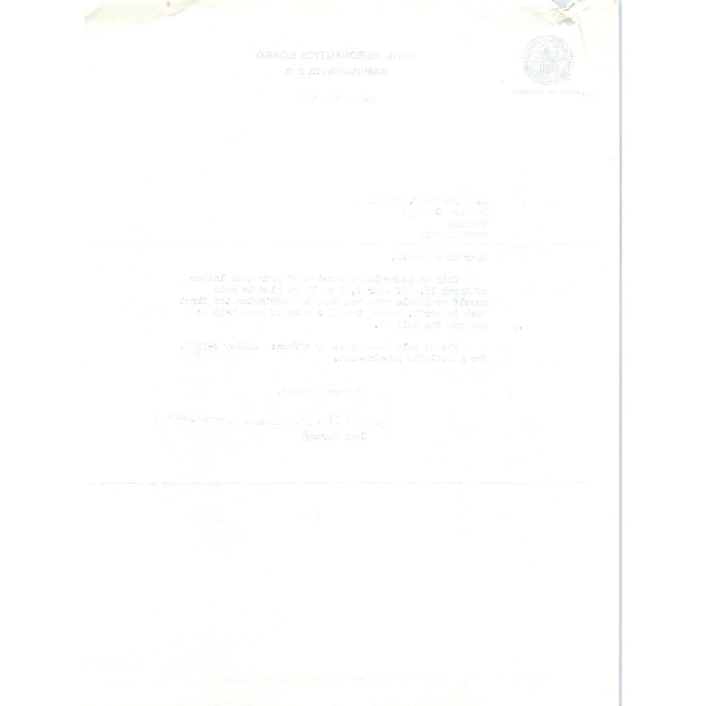 Civil Aeronautics Board Letterhead Memo Chan Gurney 1962 B16