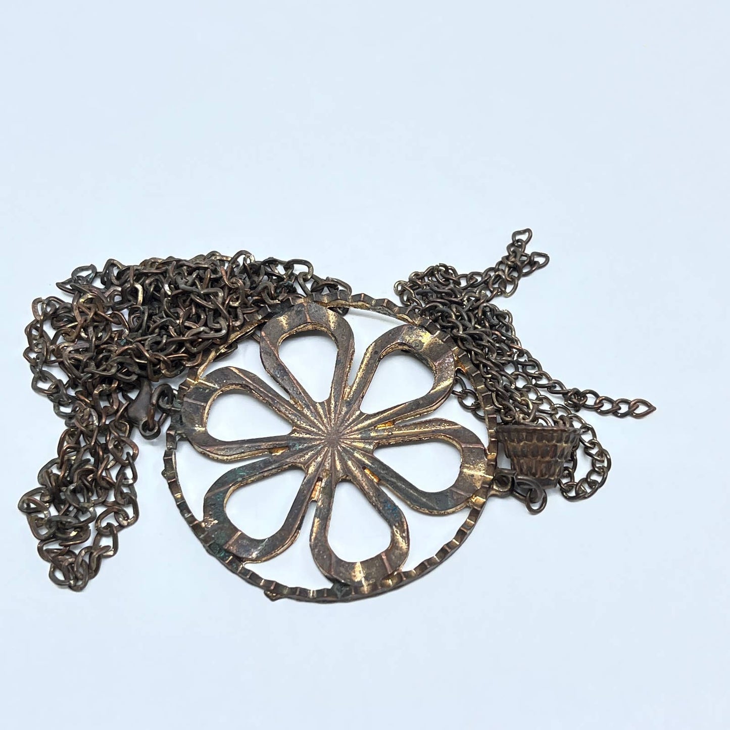 Vintage Boho Copper Tribal Sunburst Pendant & Tassel Extra Long Necklace 30" SD5