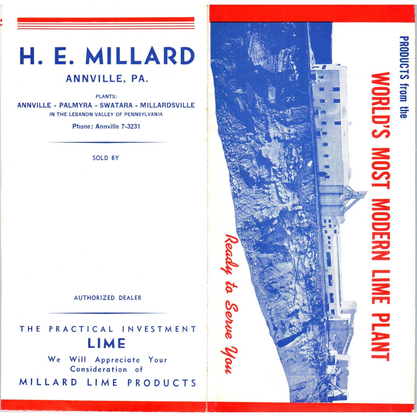 1947 H.E Millard World's Most Modern Lime Plant Brochure Catalog Annville PA SE5