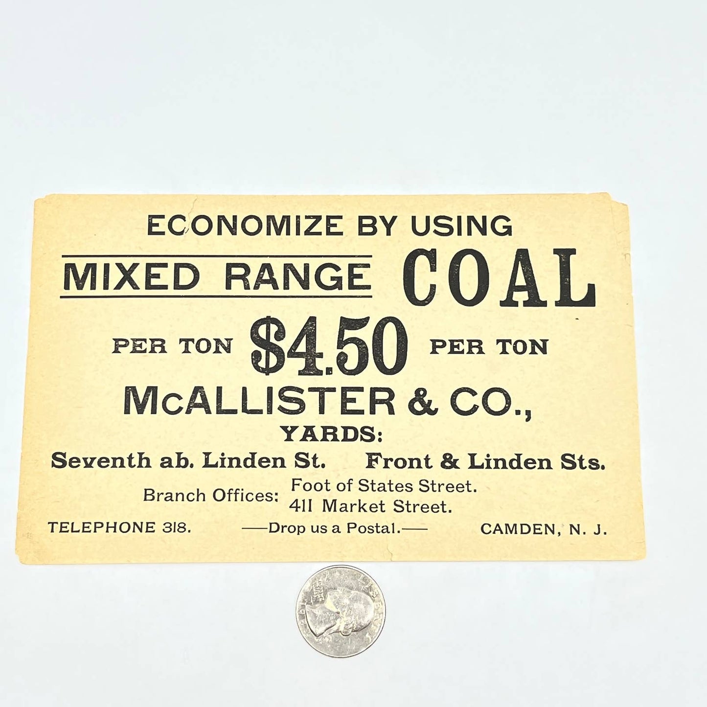 c1910 Mixed Range Coal Ad McAllister & Co. Camden NJ AB8