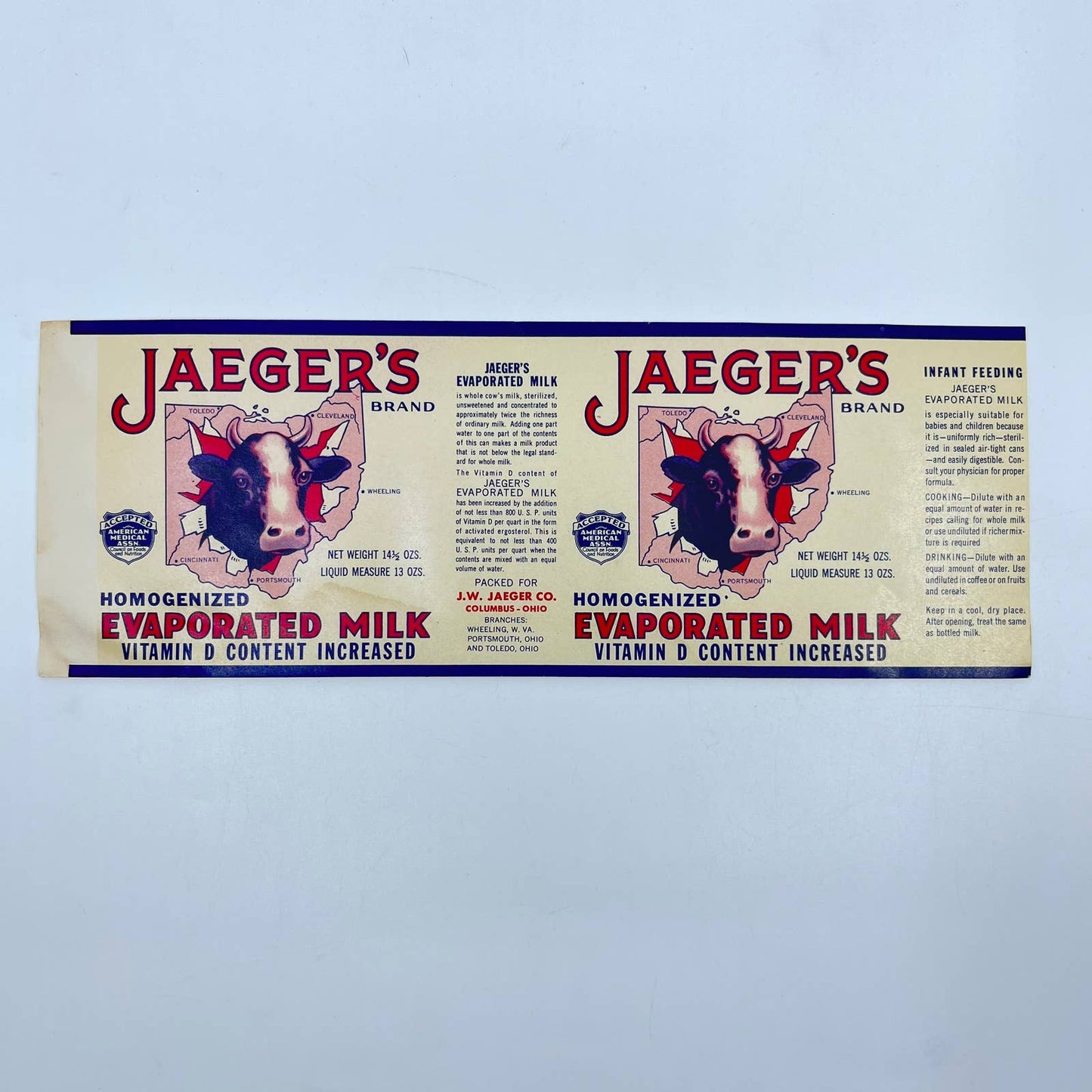 Jaeger's Evaporated MILK Can Dairy Cow LABEL Columbus OHIO Original FL3