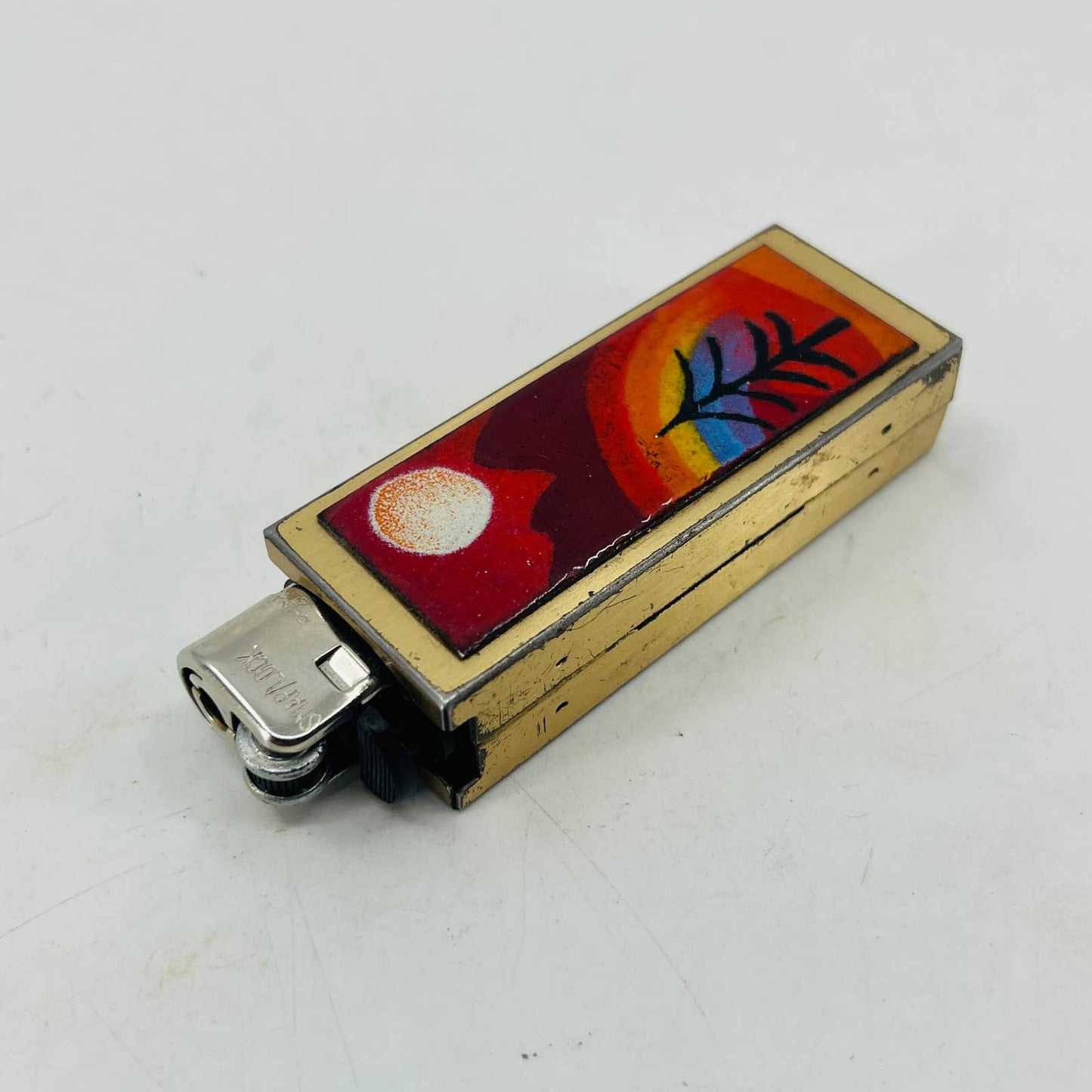 Vintage Brass and Enamel Southwest Sunset Scene Disposable Lighter Case SA8