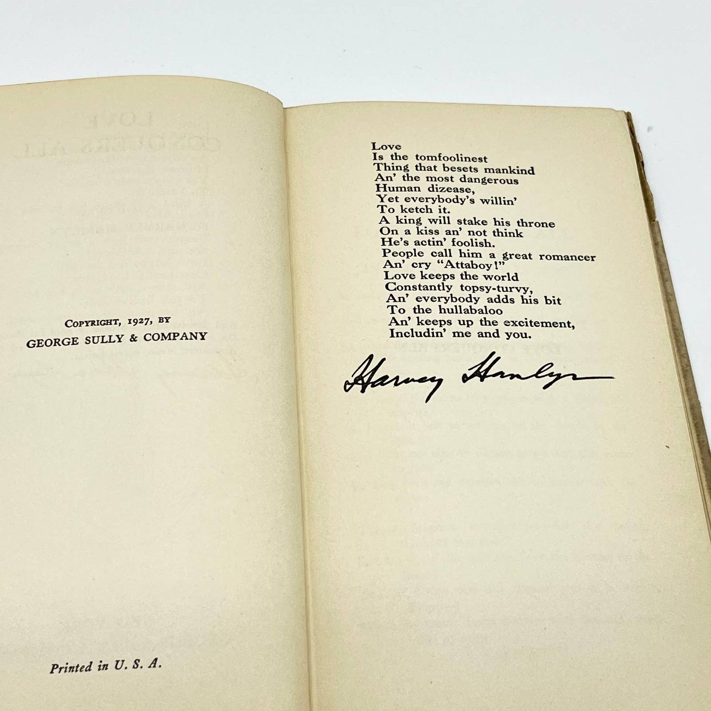 1927 Love Conquers All Harvey Hamlyn Dust Jacket TF1