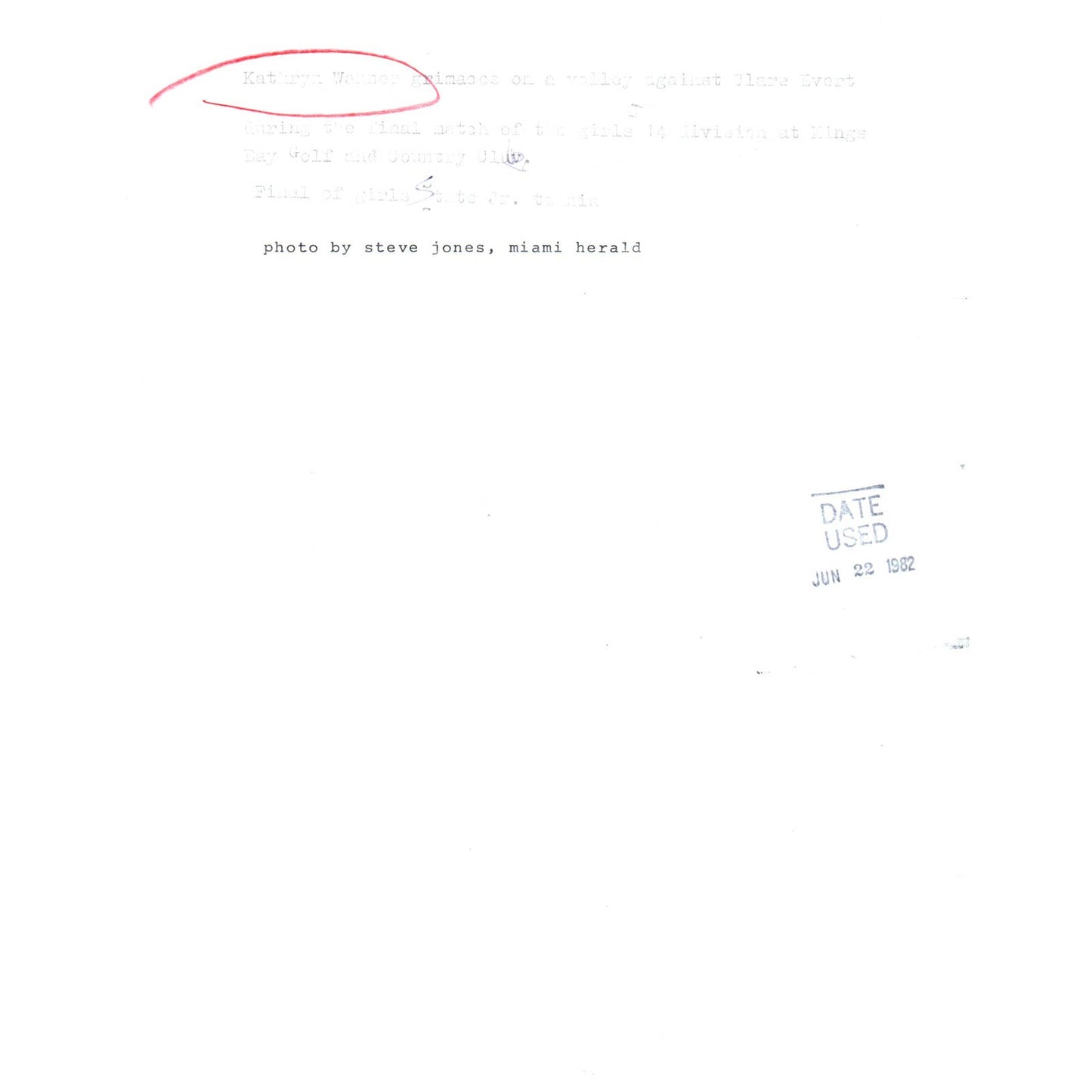 1982 Original Press Photo Women's Tennis Kathryn Wanner ~8x10" AD2