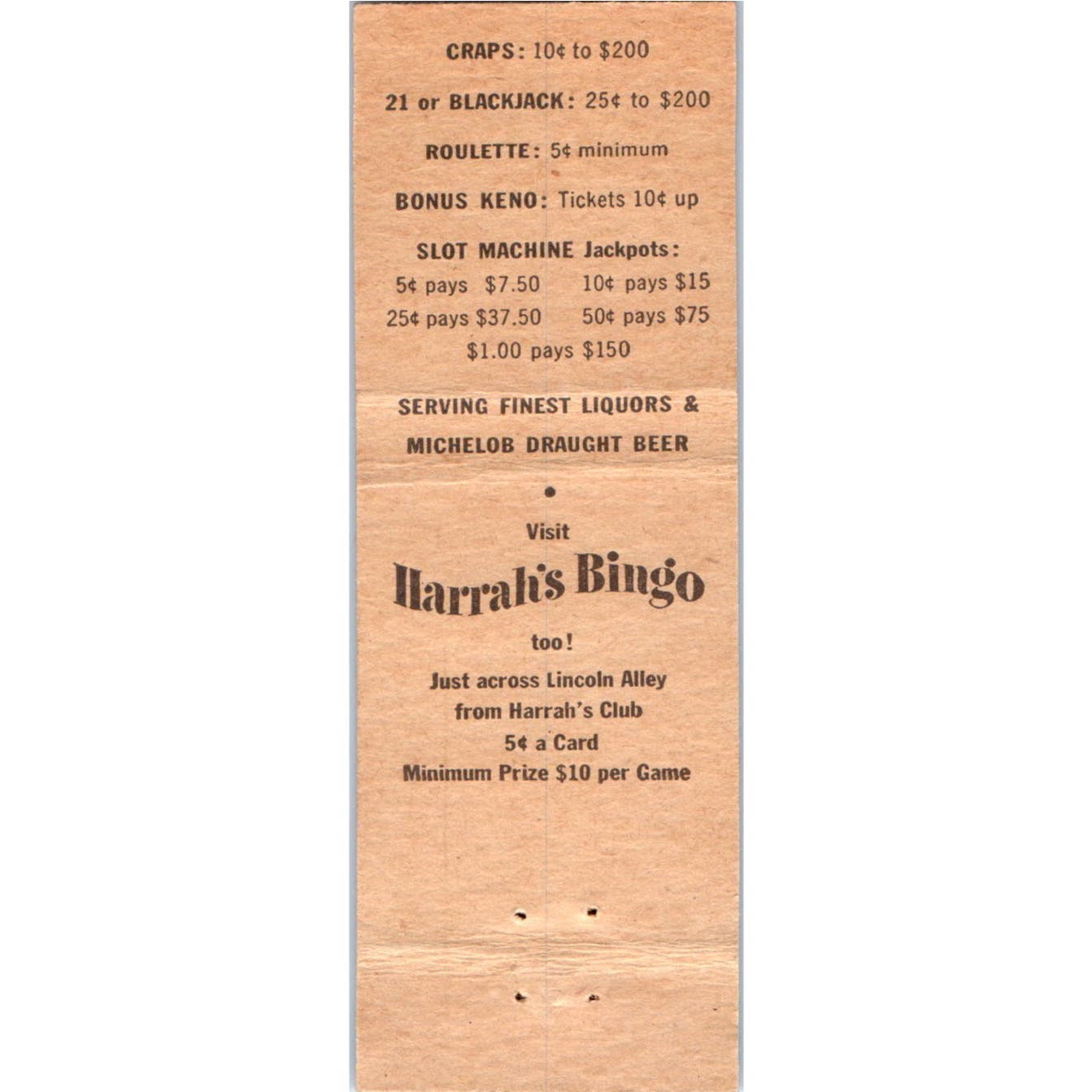 Harrah's Club Reno NV Amish Man & Gold Nugget Advertising Matchbook Cover SA9-M8