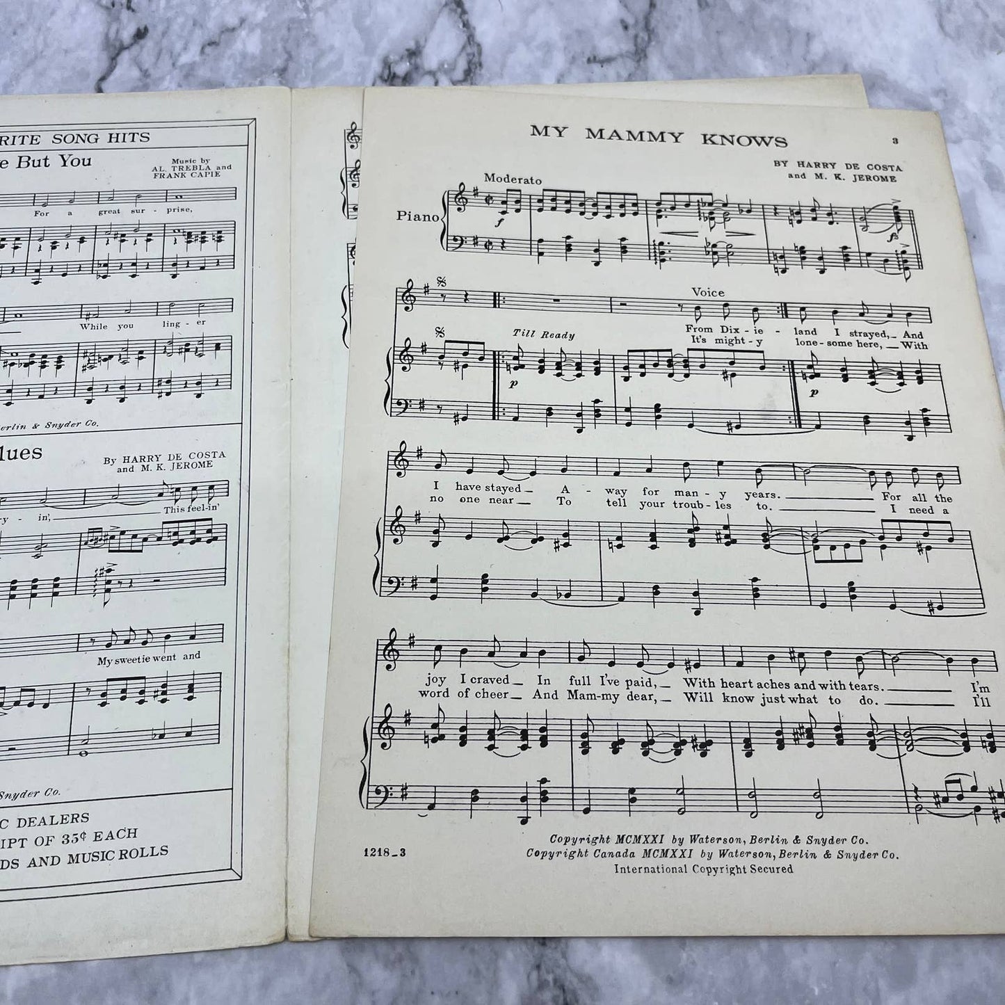 My Mammy Knows Written by DeCosta & Jerome Sheet Music Train Piano 1922 TJ4