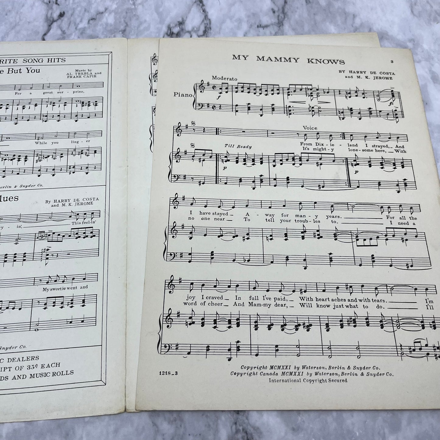 My Mammy Knows Written by DeCosta & Jerome Sheet Music Train Piano 1922 V41-3