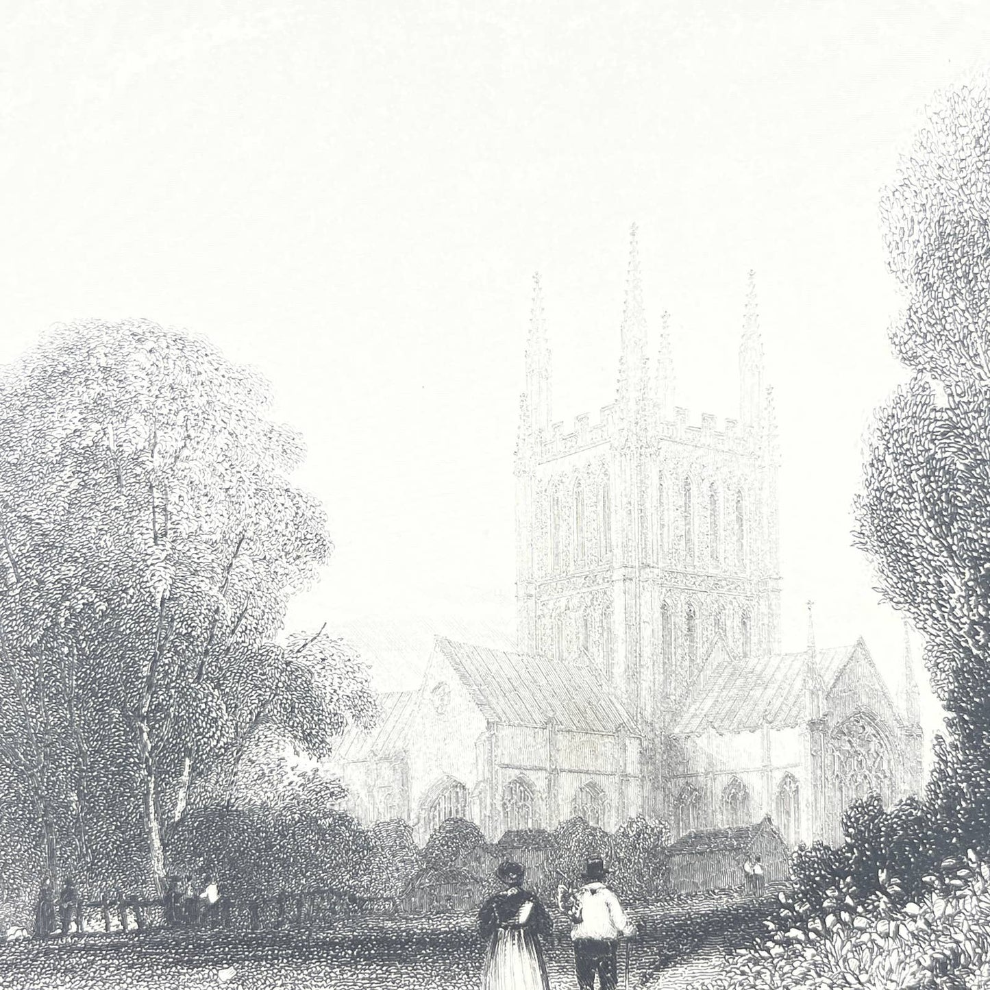 1842 Original Art Engraving Hereford Cathedral View From the Castle Green AC6