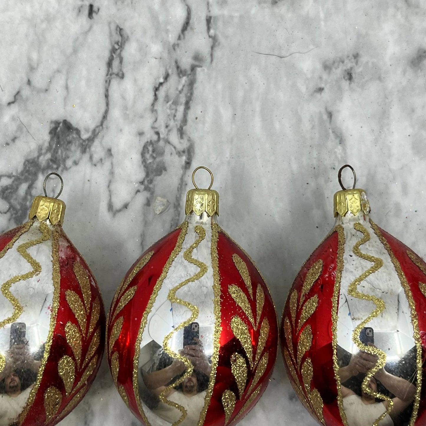 Lot of 3 Vtg Recessed Teardrop Mica Stencil Blown Mercury Glass Ornaments OT2