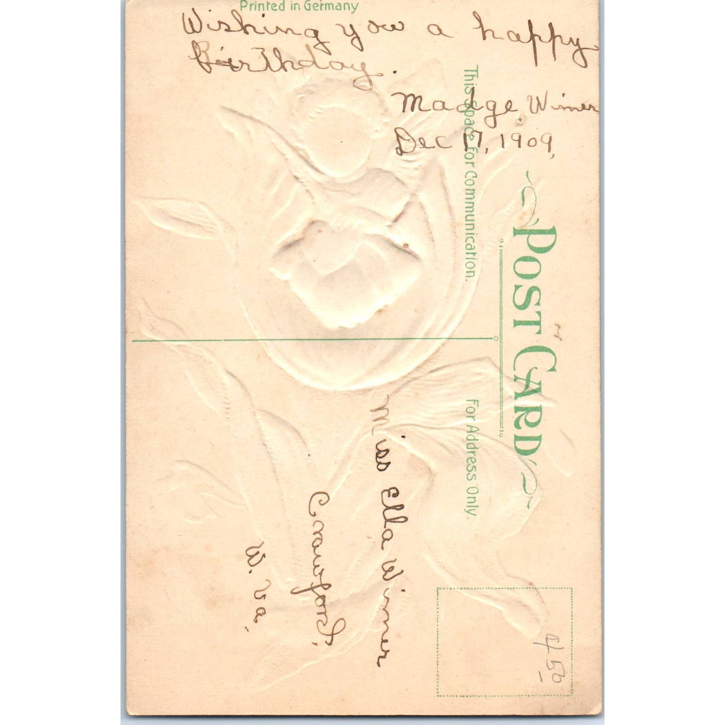 Fairy Angel Face in Flower With Heart Embossed 1909 Original Postcard TK1-27