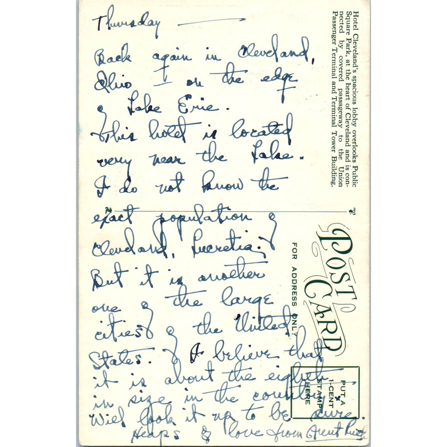 Vintage Postcard Hotel Cleveland - Lobby View, Cleveland OH TD8-O2