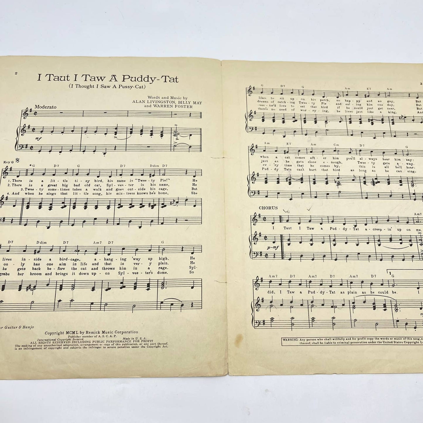 1950 Looney Tunes I Taut I Taw a Puddy Tat Sylvester Tweety Sheet Music