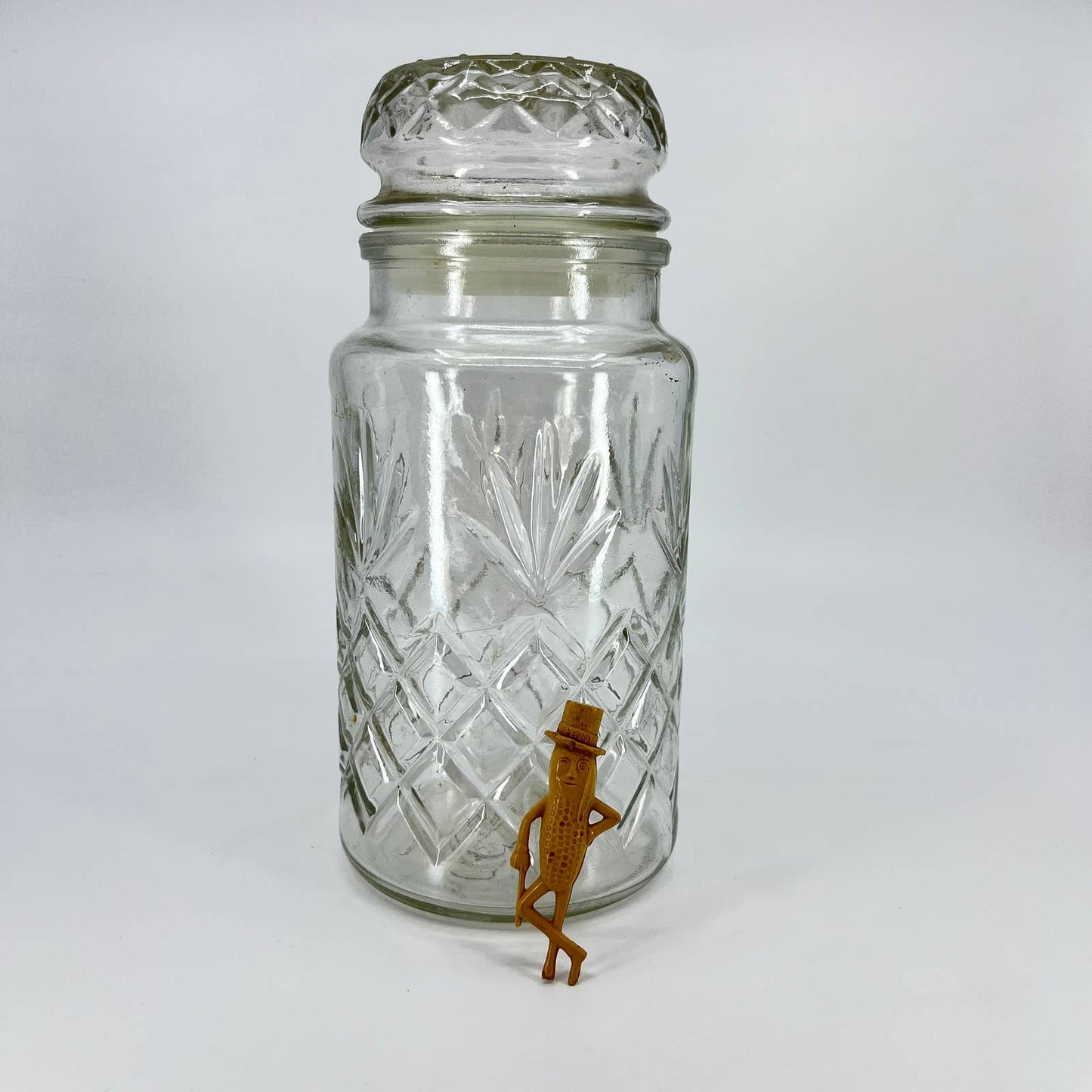 Planters Peanuts Cut Glass Canister Jar with Lid & Mr. Peanut Whistle TD8