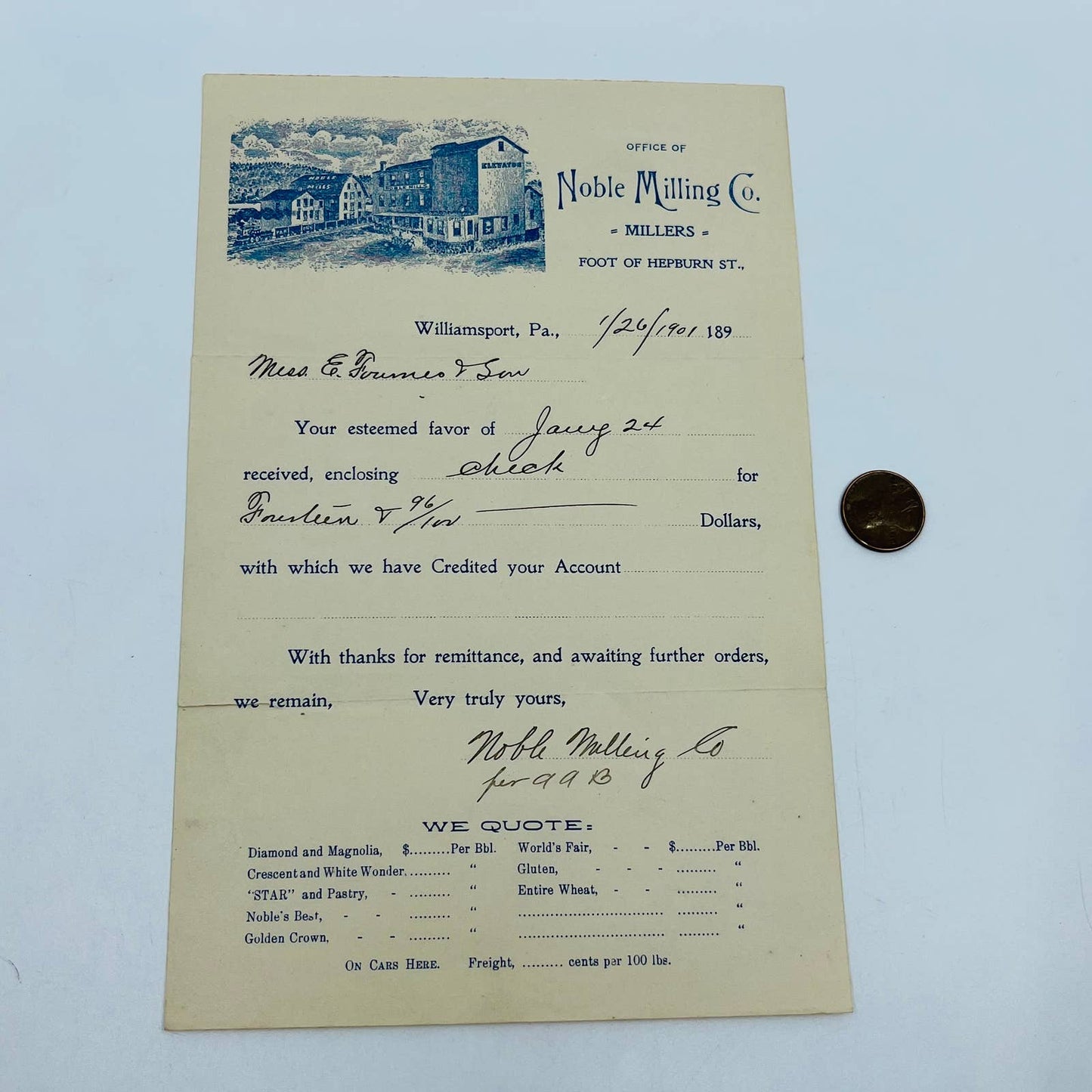 1901 Noble Milling Co. Millers Billhead Invoice Williamsport PA Hepburn St. D3