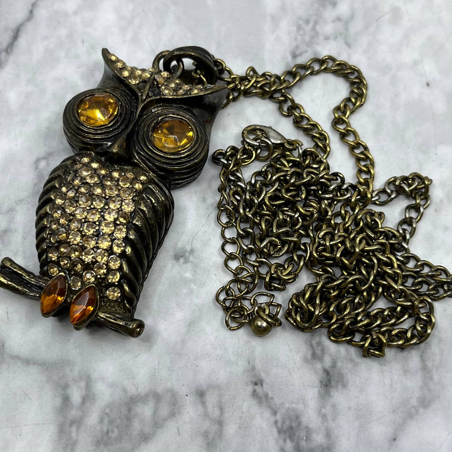 Vintage Charming Rhinestone Owl Pendant Necklace Costume Jewelry TJ9