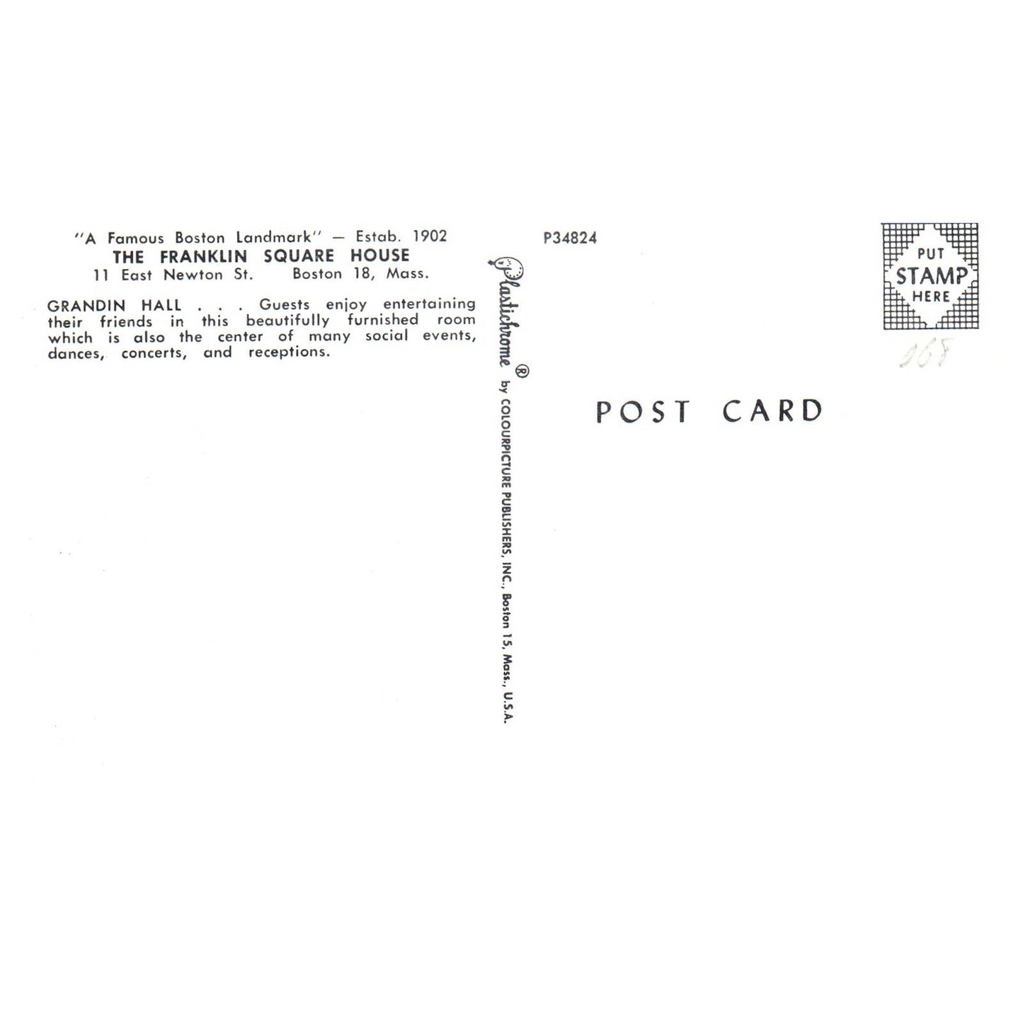 Vintage Postcard - The Franklin Square House Grandin Hall Boston Mass TJ7-1