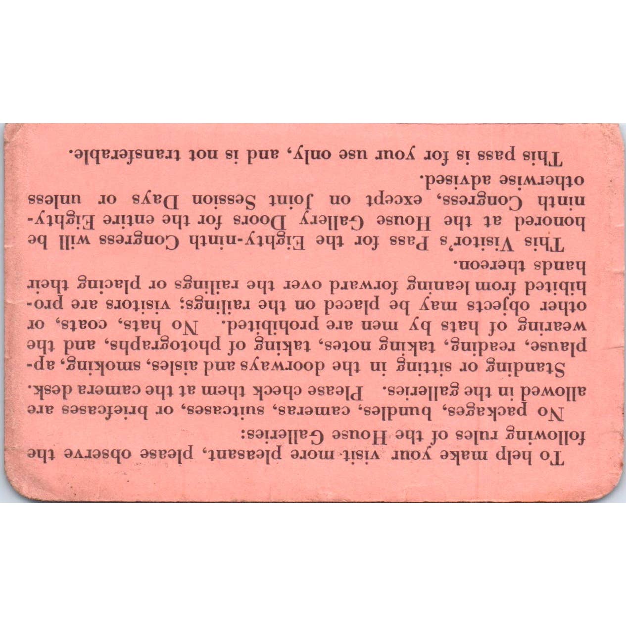 House of Representatives Visitor Pass 1966 Stanley L. Greigg TK1-P6