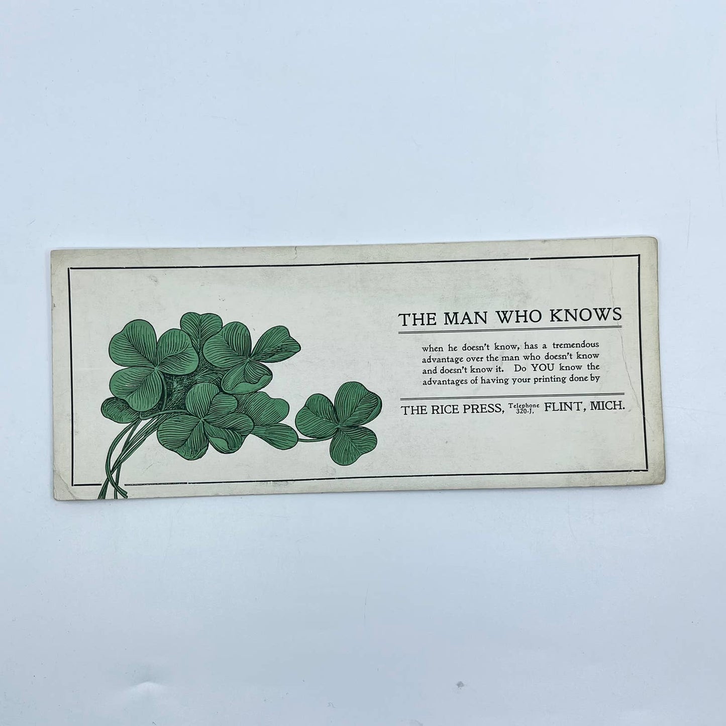 1910s Blotter Card The Rice Press Clover Shamrock Flint MI SC8