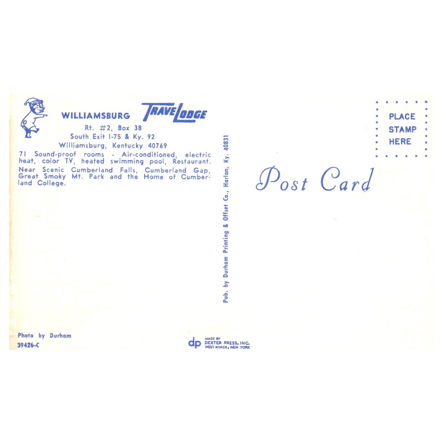 Vintage Postcard - Williamsburg Travel Lodge Motel Williamsburg Kentucky TJ7-1