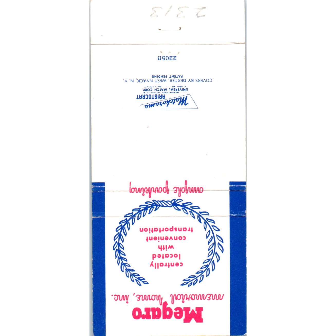 Megaro Memorial Homes D.A. Cundari Newark NJ Advertising Matchbook Cover MM9-7