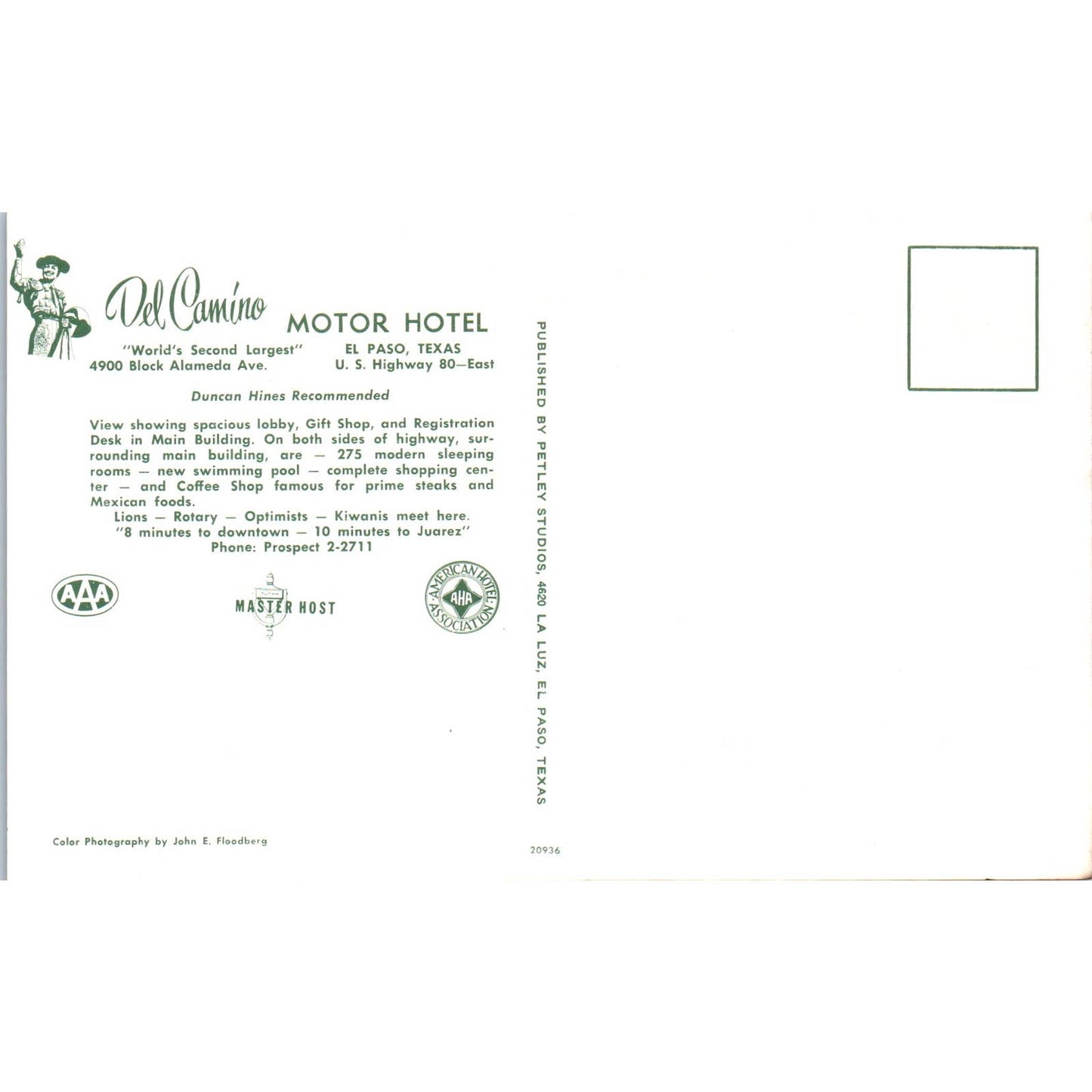 Del Camino Motor Hotel El Paso Texas Interior View - Original Postcard TJ7-RP2