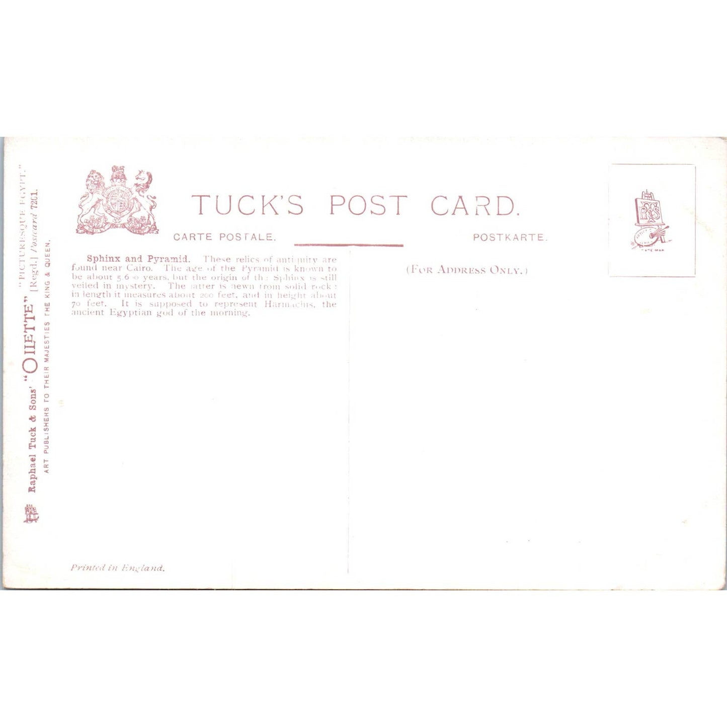 Egypt Sphinx and Pyramid Raphael Tuck Oilette Original Postcard TK1-P14