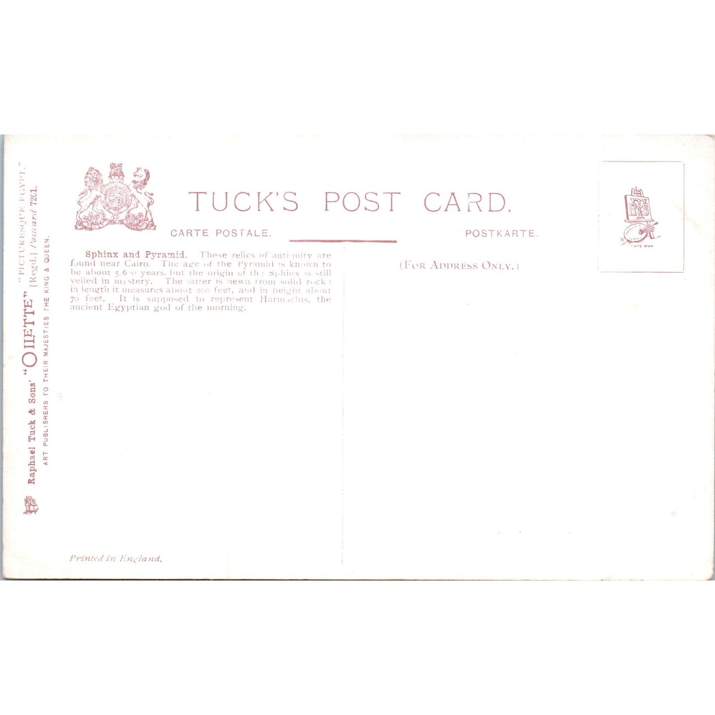 Egypt Sphinx and Pyramid Raphael Tuck Oilette Original Postcard P2-12