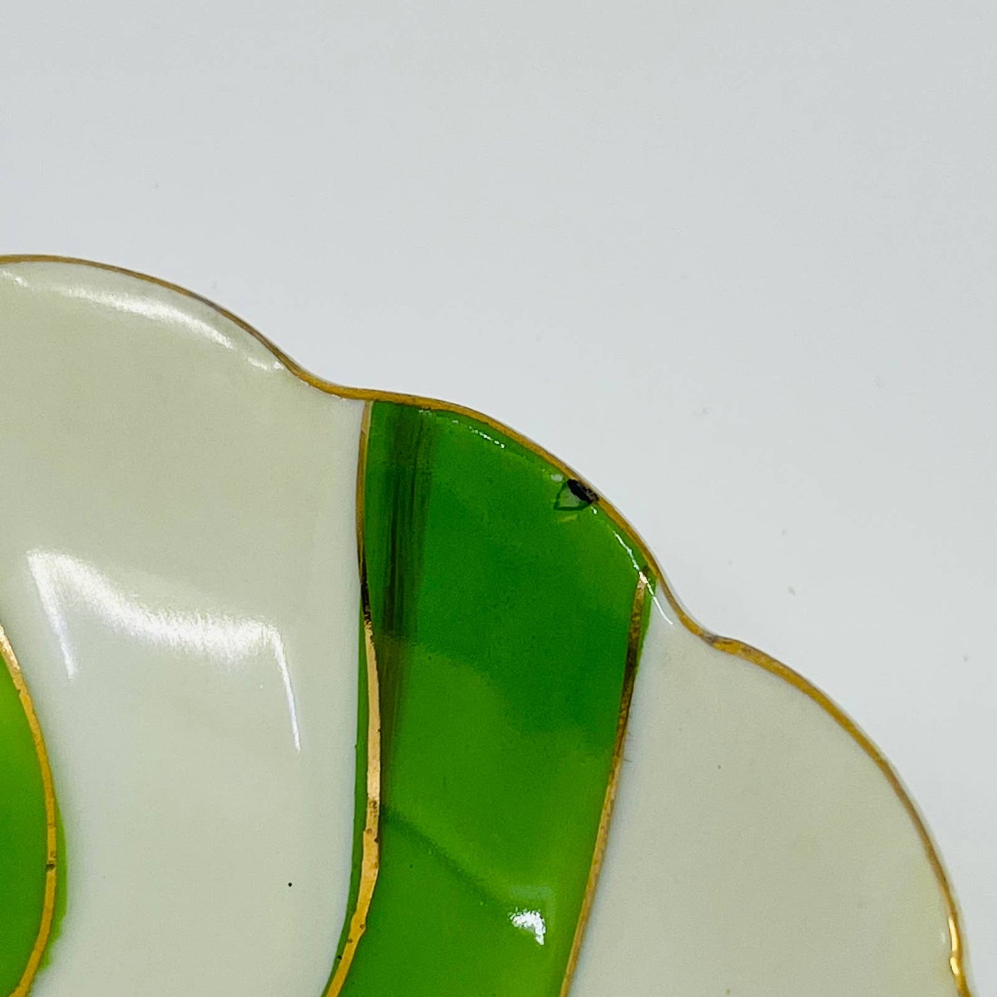 Midcentury Japan Footed Cup and Saucer Green Candy Stripe Swirl Gilt TD9