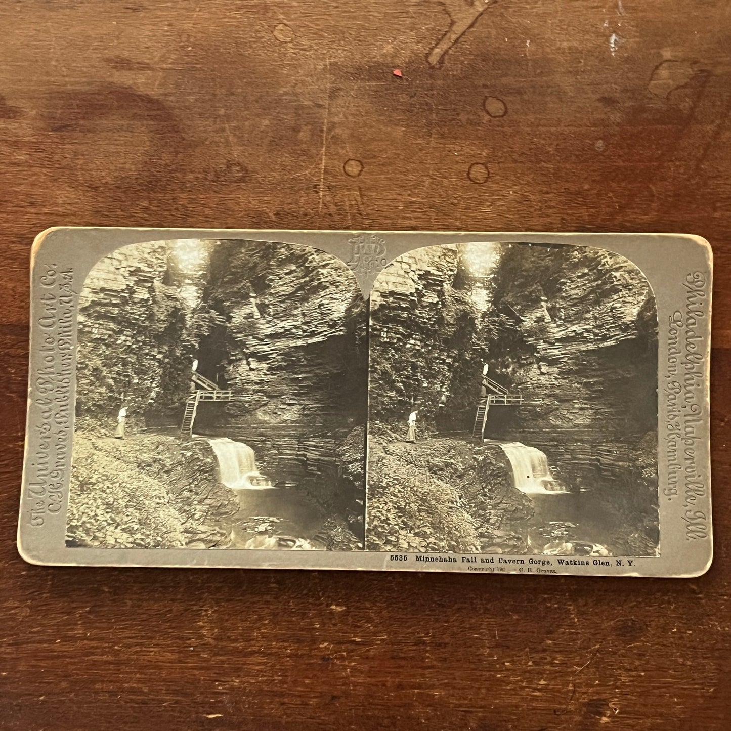 Minnehaha Fall and Cavern Gorge Watkins Glen NY Antique Stereoview Card H2-2