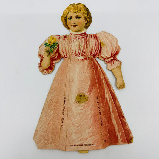 1880s Trade Card McLaughlin’s XXXX Coffee Stand Up Paper Doll Pink Dress SAH9-H7