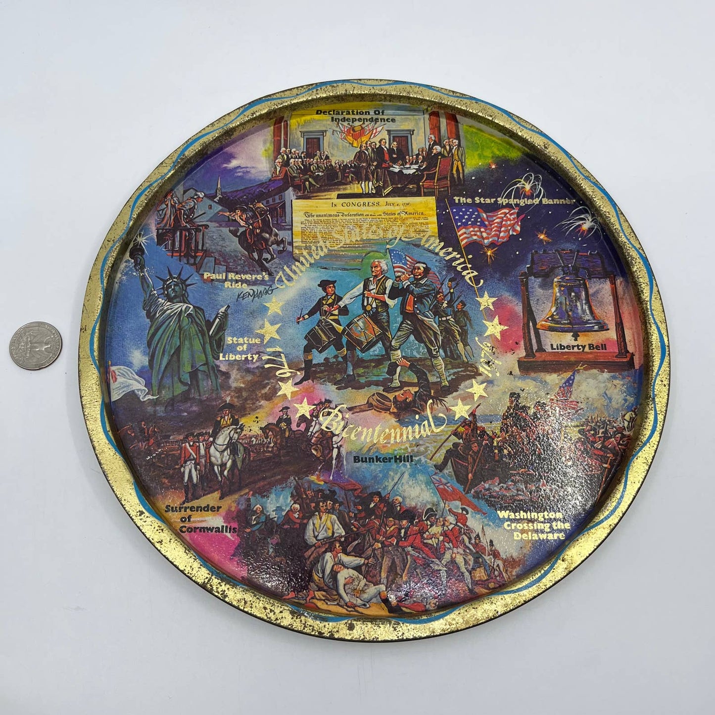 Vintage Black & Gold Metal State Souvenir Plate Tray US Bicentennial 11” TH2-1