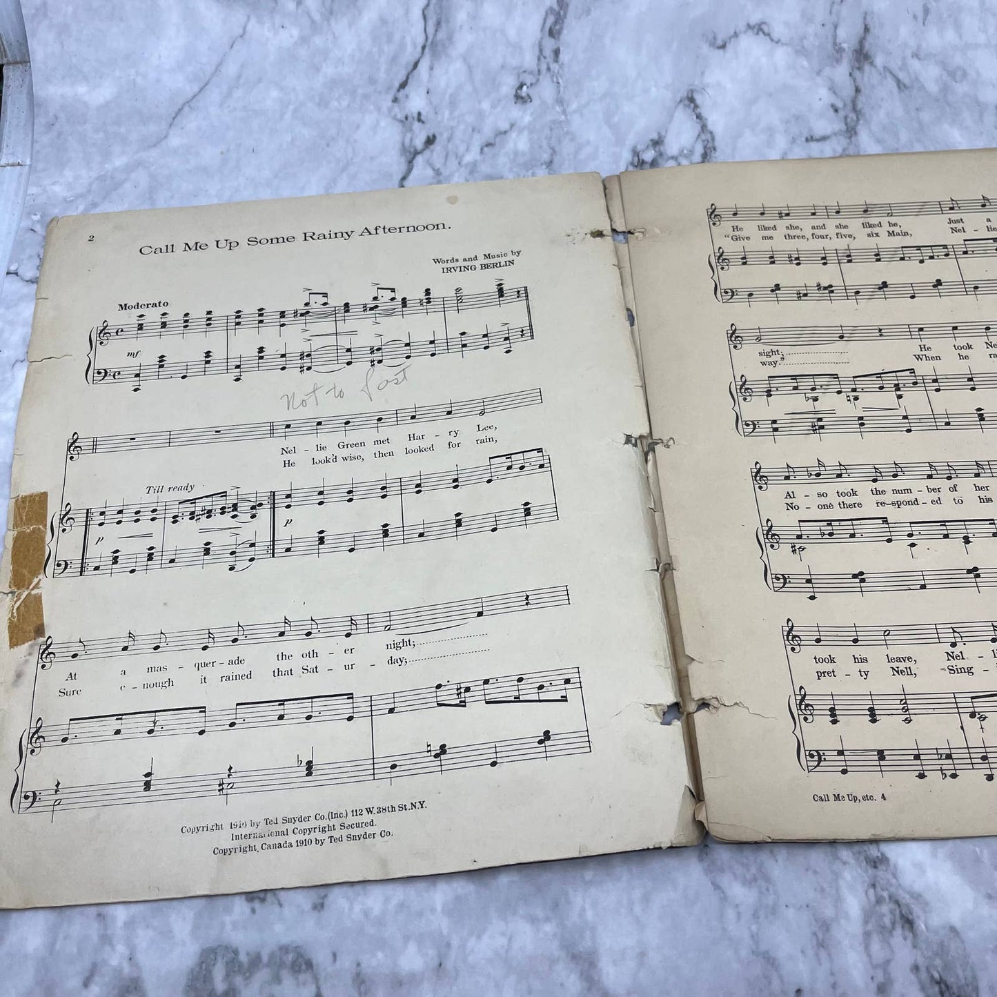 1910 Call Me Up Some Rainy Afternoon Irving Berlin Sheet Music TJ4