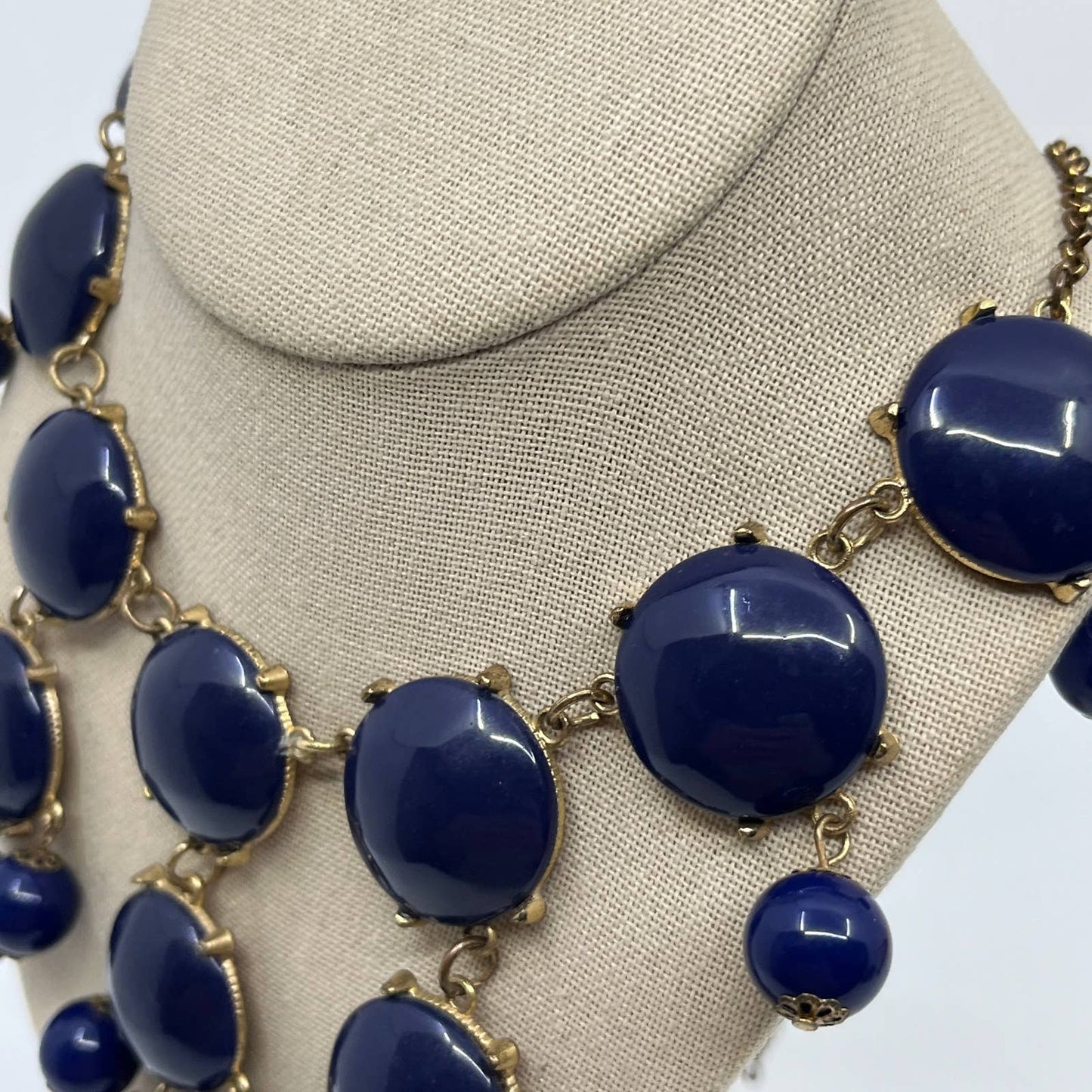 Vintage Boho Statement Bubble Necklace X-Large Long Navy Blue & Gold Tone SD5