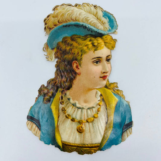 1880s Victorian Die Cut Scrap Fancy Lady in Blue With Feather Hat 5 nx 3.5 AA2