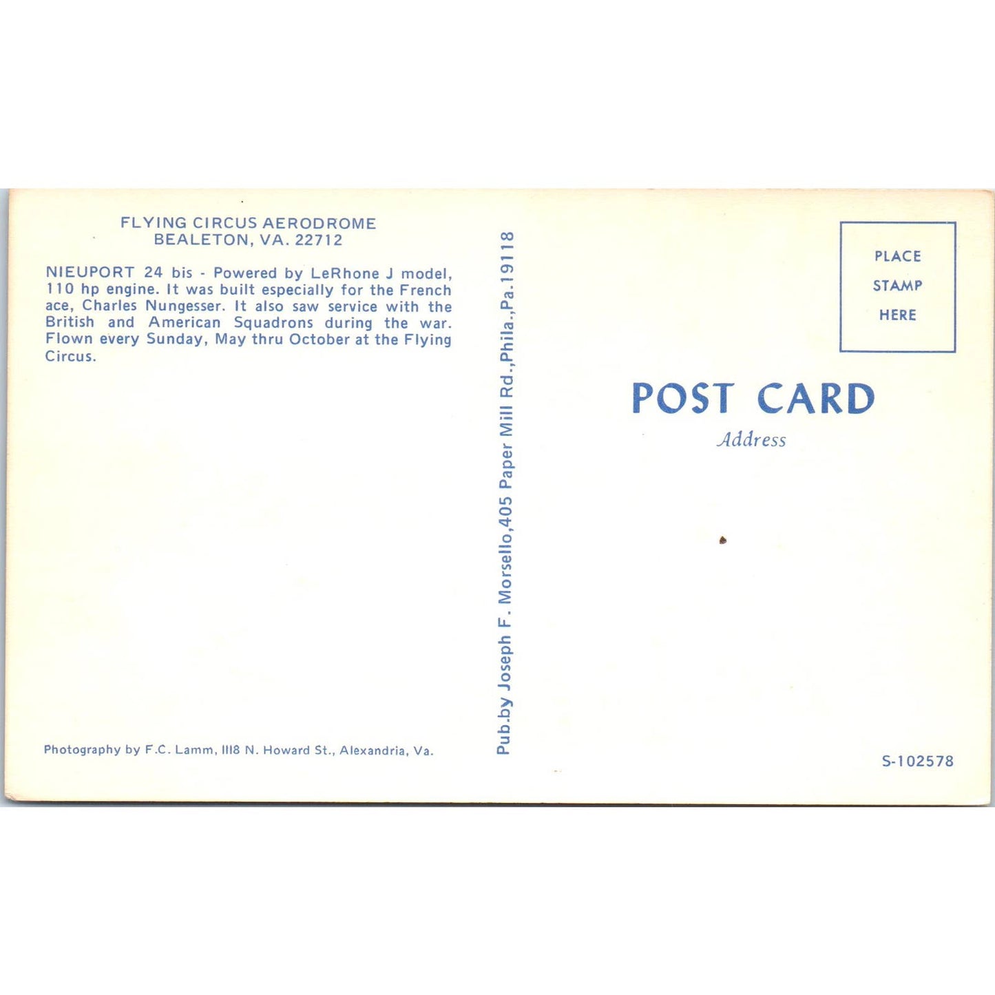 Flying Circus Aerodrome Bealeton VA 22712 - Original Postcard TJ7-RP1