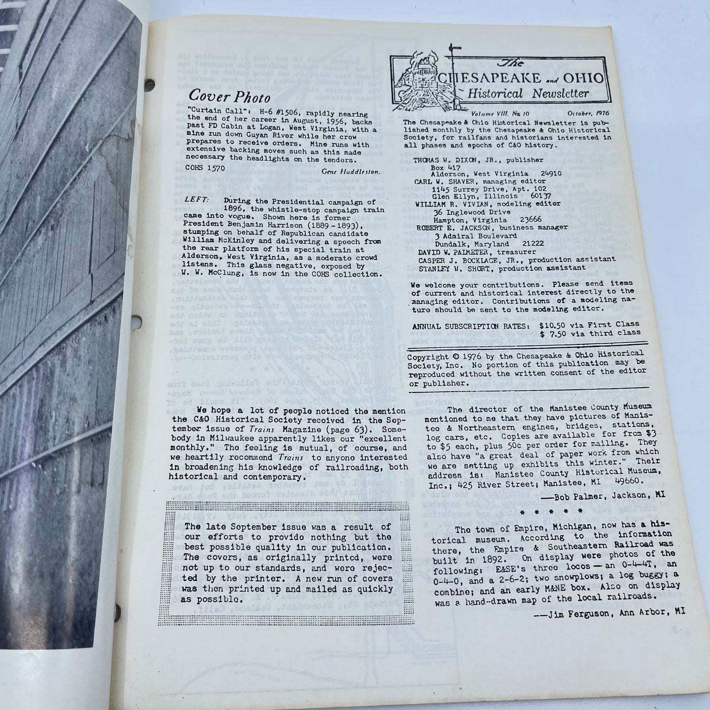 1976 Oct Chesapeake and Ohio Historical Newsletter C&O RR Thomas Dixon WV M1-2