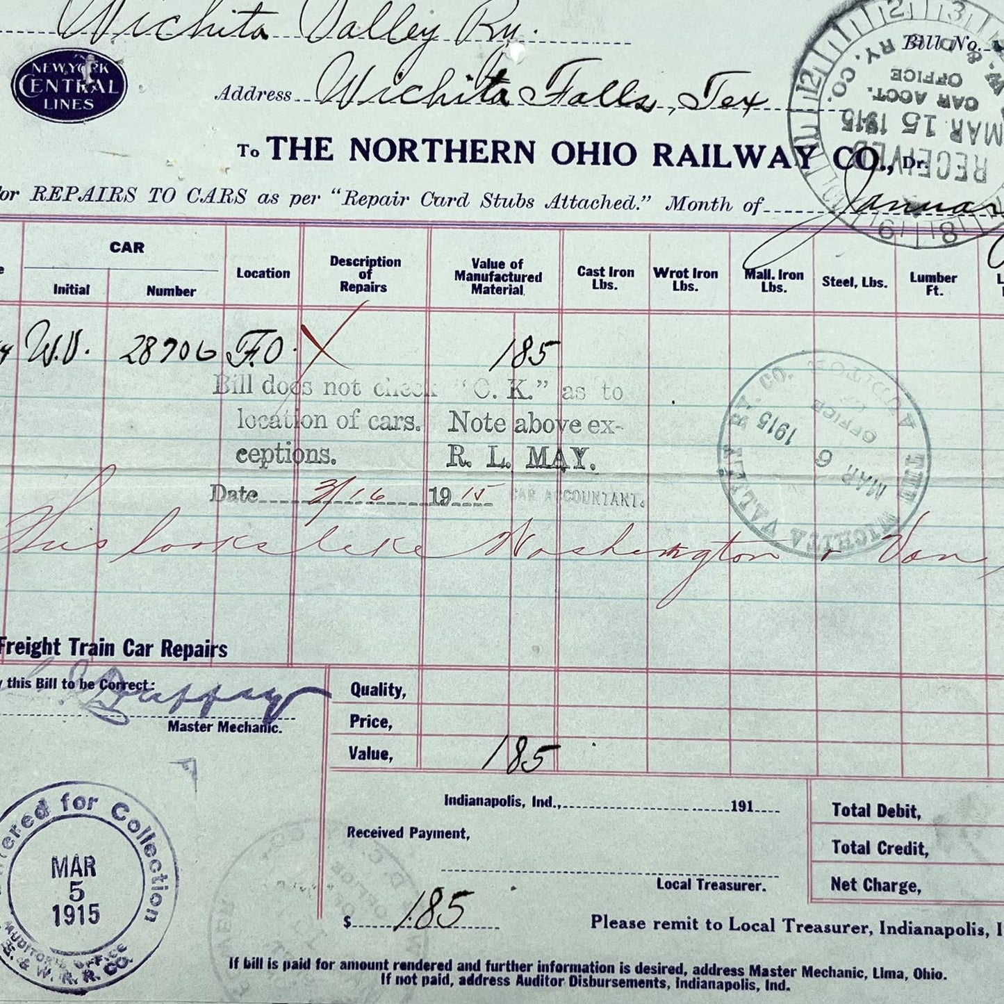 1915 New York Central Lines Northern Ohio Railway Co. Repair Form Stamped AB5