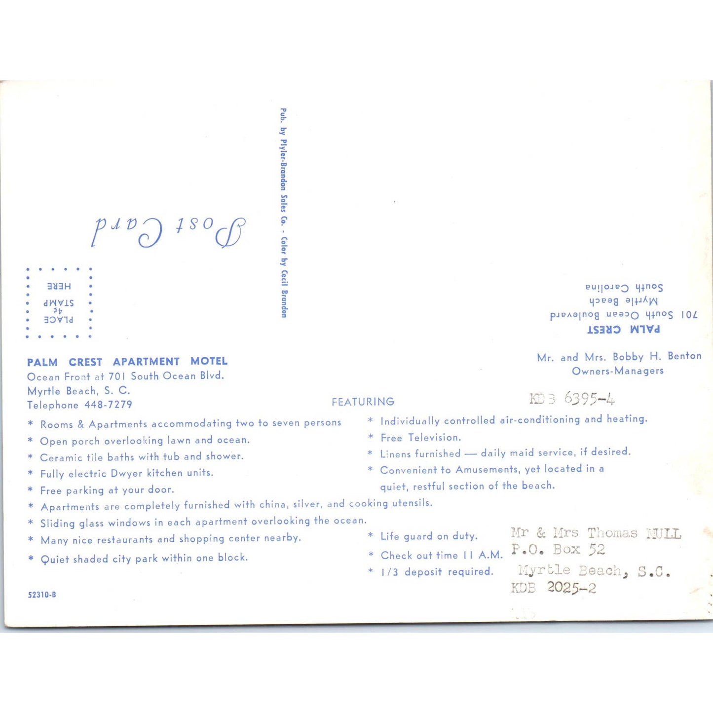 Vintage Large Postcard Palm Crest Apartment Motel Myrtle Beach SC EA3