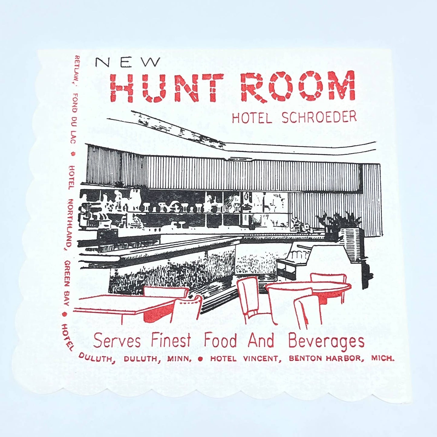 1950s Set of 2 Schroeder Lounge Hotel Hunt Room Milwaukee Cocktail Napkins SE1