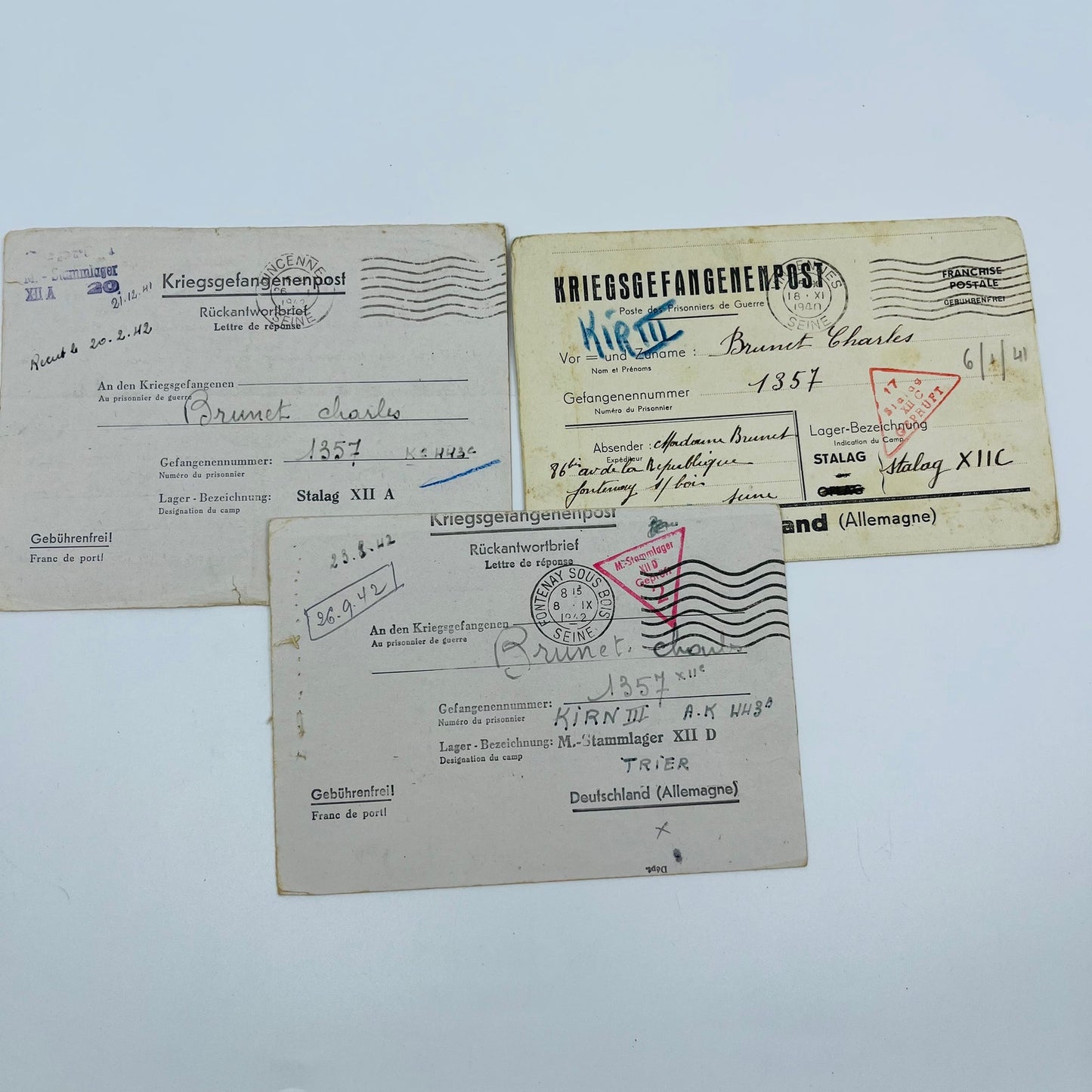 1940-42 WWII French POW Letters Charles Brunet Set 3 Stalag XIIC XIID XIIA SC2