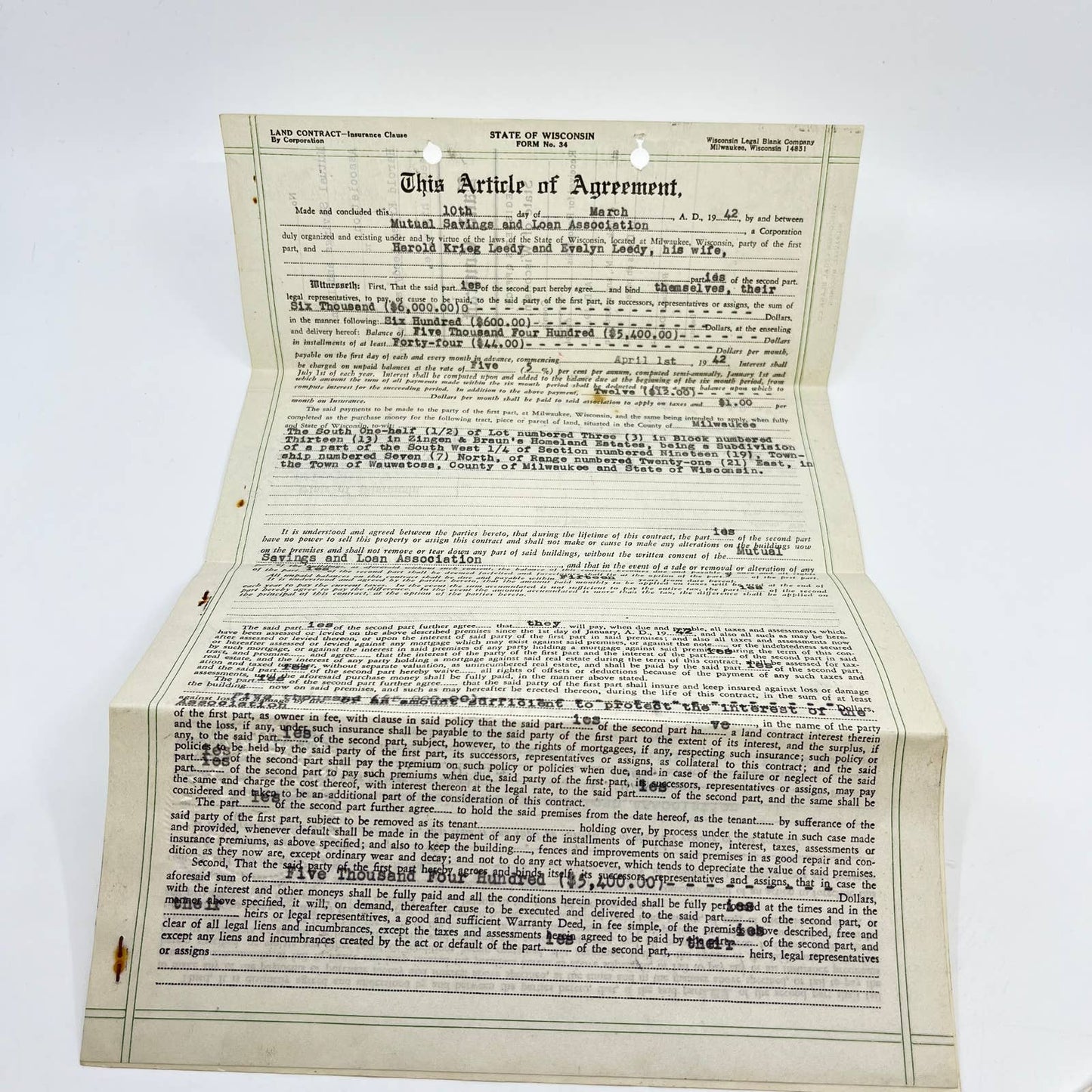 1940s Offer to Purchase Warranty Deed Land Contract Milwaukee WI AA7