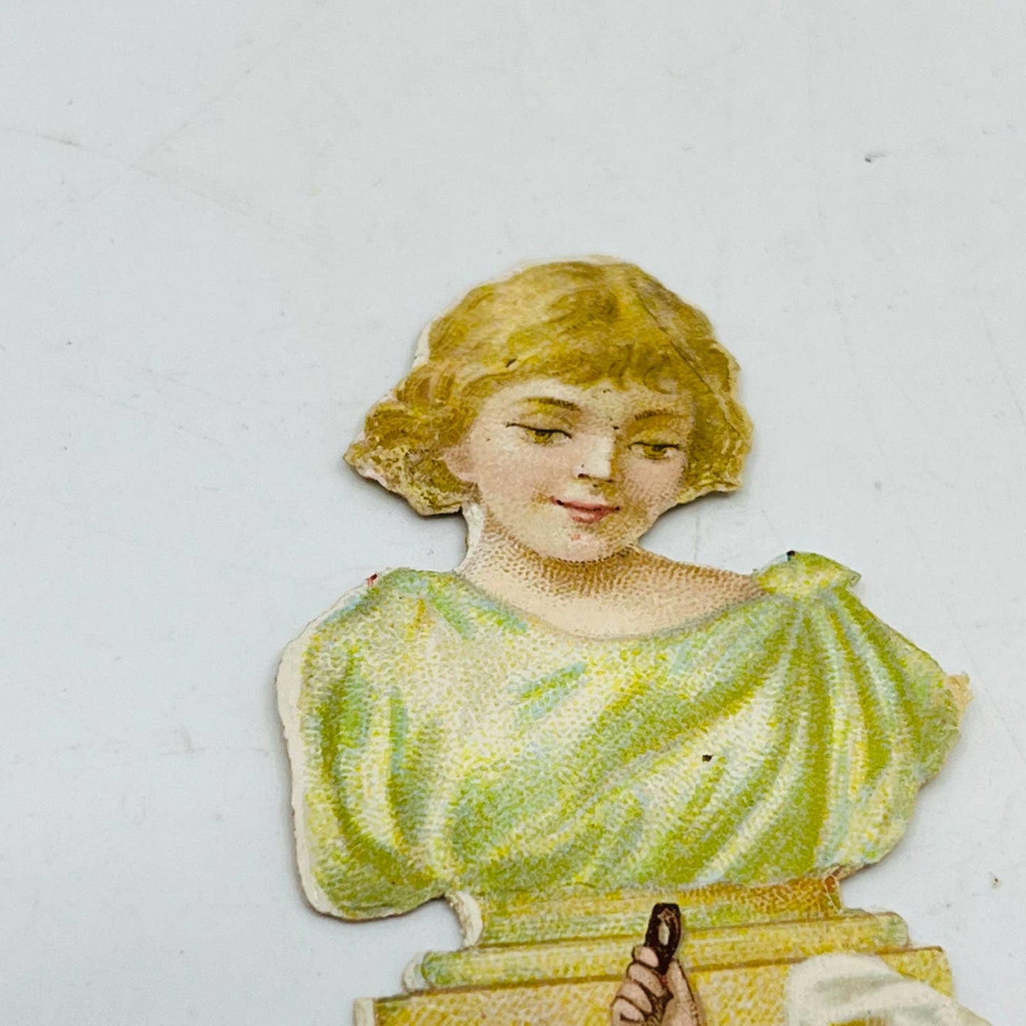 1880s Embossed Victorian Die Cut Scrap Blue Boy and Statue Woman 4.5 x 1.5” AA2