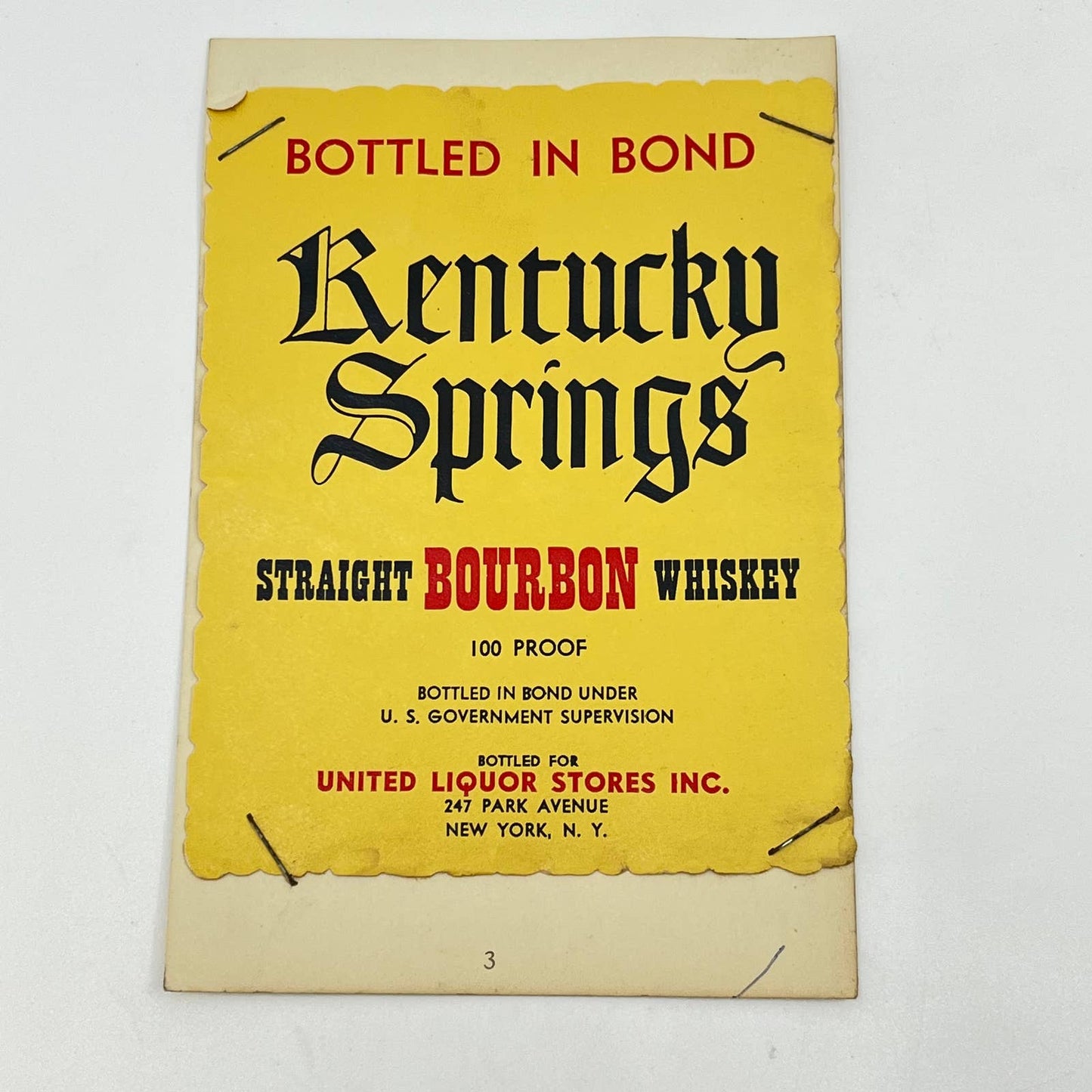 Kentucky Springs Bourbon Whiskey Label United Liquor Stores 247 Park Ave NY
