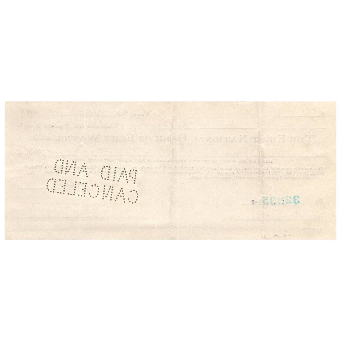 1911 First National Bank of Fort Wayne Indiana Bank Check AD8-1