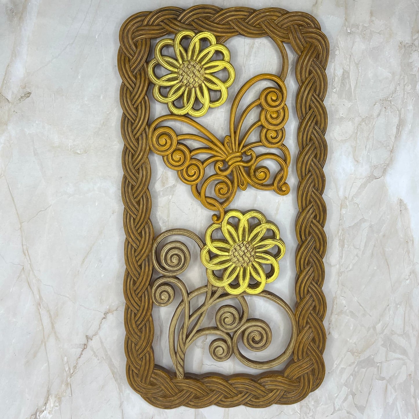 1979 Burwood Butterflies & Flowers Resin Wall Hanging Decor Boho Retro 8x16 TJ9