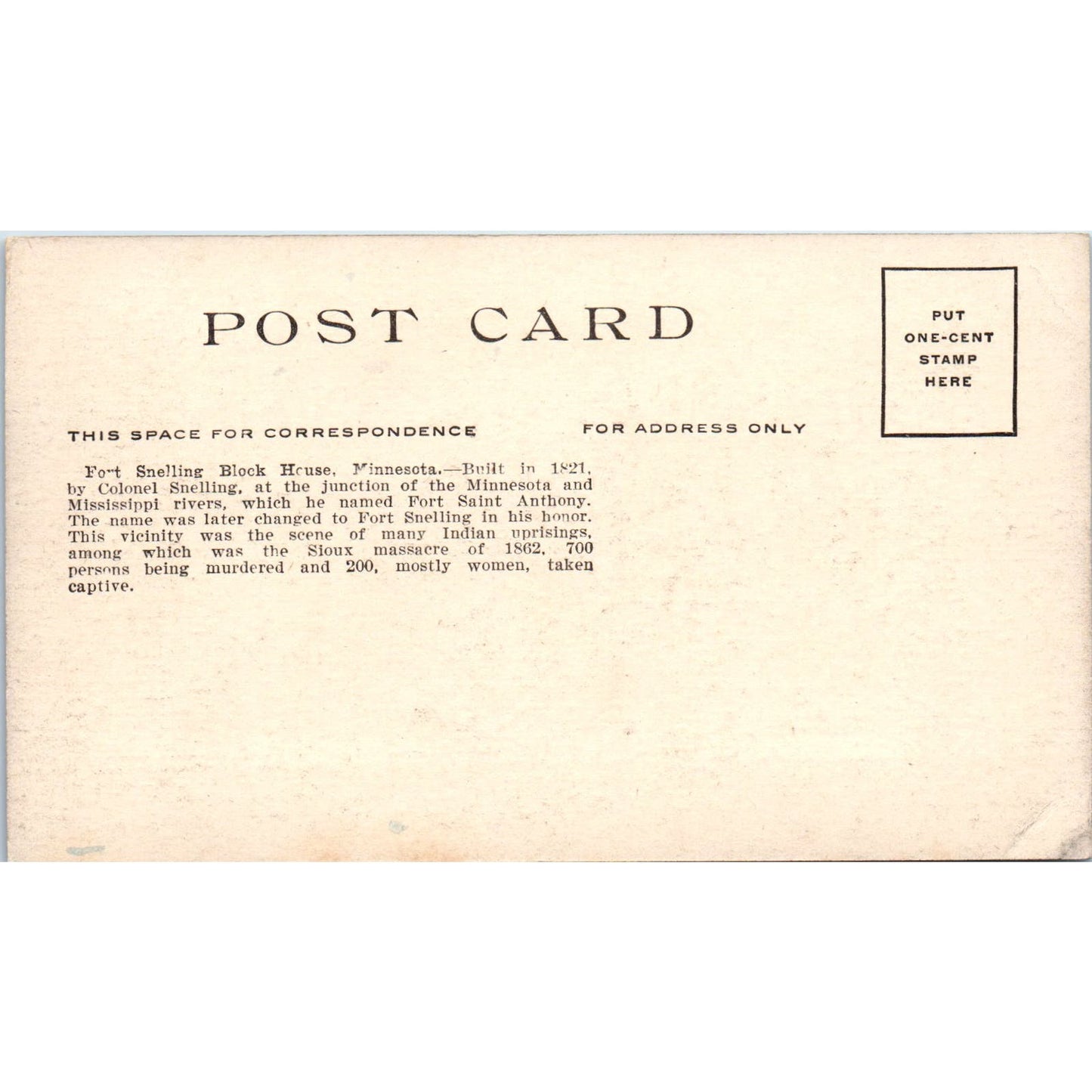 Fort Snelling Block House Minnesota c1910 Original Postcard TK1-27