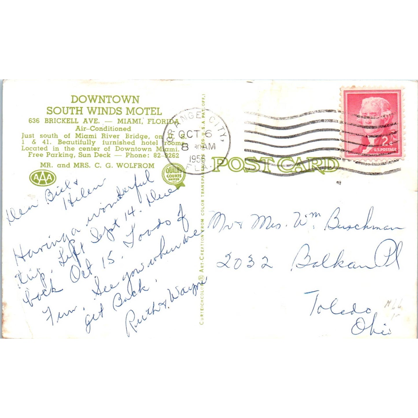 Downtown South Winds Motel C.G. Wolfrom Miami FL Original Postcard TK1-P12