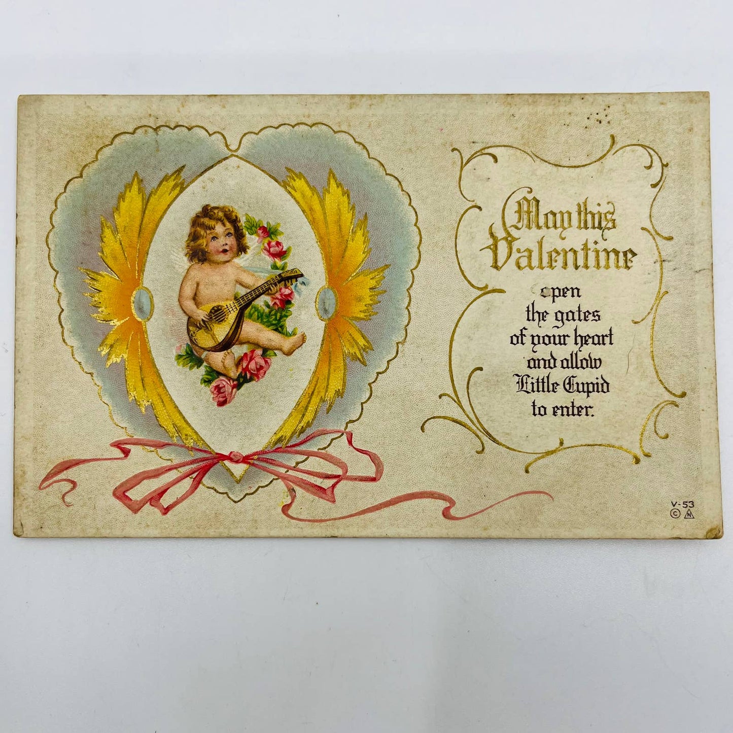 1914 Valentine’s Post Card Cupid Heart Mandolin Embossed PA3