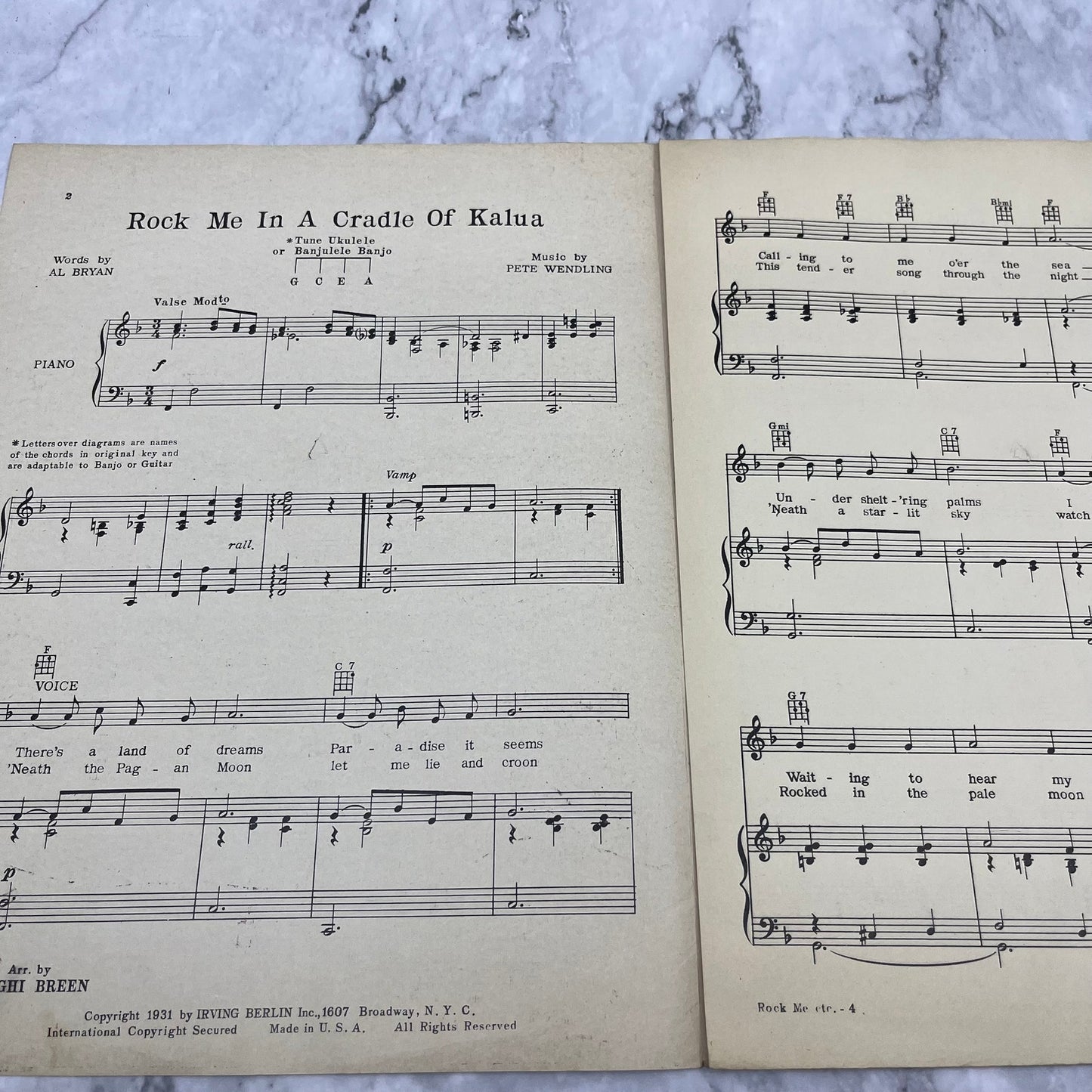Rock Me in a Cradle of Kalua 1931 Sheet Music Bernie Cover Irving Berlin V41-2